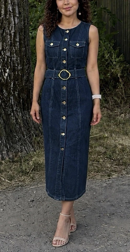 Zara Damen Jeanskleid XS Midi Denim blau ärmellos Knopfleiste Gürtel Taschen - Bild 1 von 1