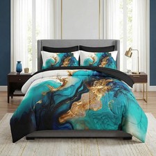 Comforter Set Queen Size, Mint Green Marble Gold 7 Pcs Bedding for Kids and Adul