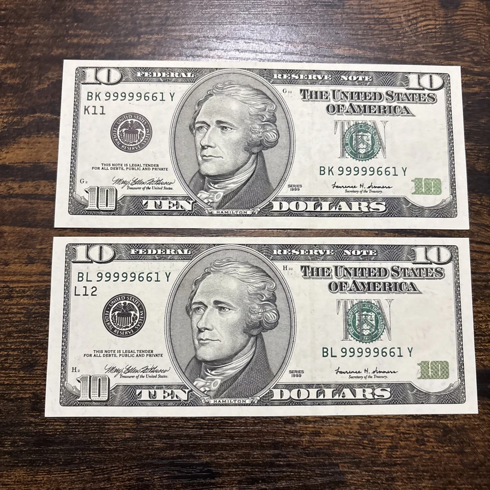 (HIGH SERIAL #)) $10 1999 ((GEM)) ((99999661)) (6 Of 6 Identical Serial # Sets) - Image 2 of 3