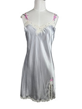 VICTORIA'S SECRET Slip Dress Silver Pink Strap Lace Bows Sz M Rhinestone Satin