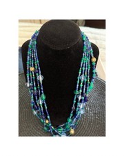 Blue/Green Vintage-style, Multi-strand necklace with faceted glass beads