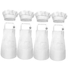 CHENGU 8 Pcs Kids Apron and Chef Hat Set Child Aprons 2 Pocket for Small White
