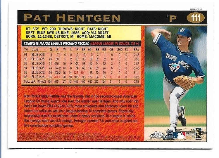 Pat Hentgen 1997 Topps Chrome Refractor #111 - Toronto Blue Jays - Image 2 of 2