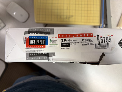 NCR Carbonless 3 part STRAIGHT paper. PERFORATED on short side. 501 sheets
