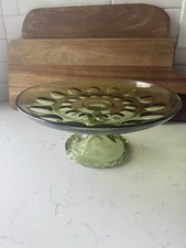 Vintage Hazel Atlas Avocado Green Thumbprint Pedestal Cake Plate Cake Stand