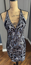 Express Black Velvet Silver Sequin Cocktail Bodycon Dress Open Back Women's M
