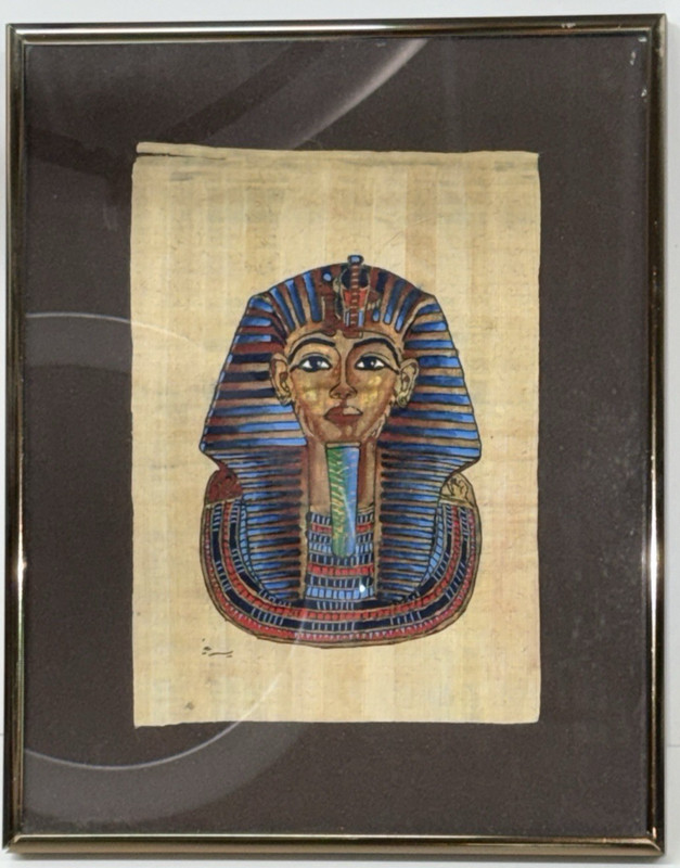 Vintage Framed Hand Painted Egyptian Art on Papyrus Paper~  King Tutankhamun