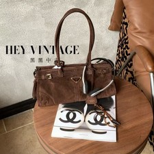 Auth Prada Vintage Shoulder Bag Brown Suede Leather Gold Hardware Buckle Design