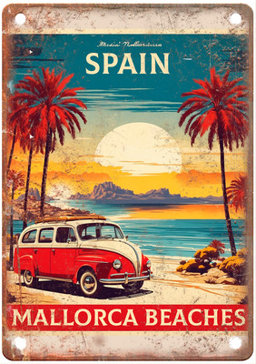 Vintage Mallorca Beaches night Spain Retro Look Travel Poster Metal Sign T3537