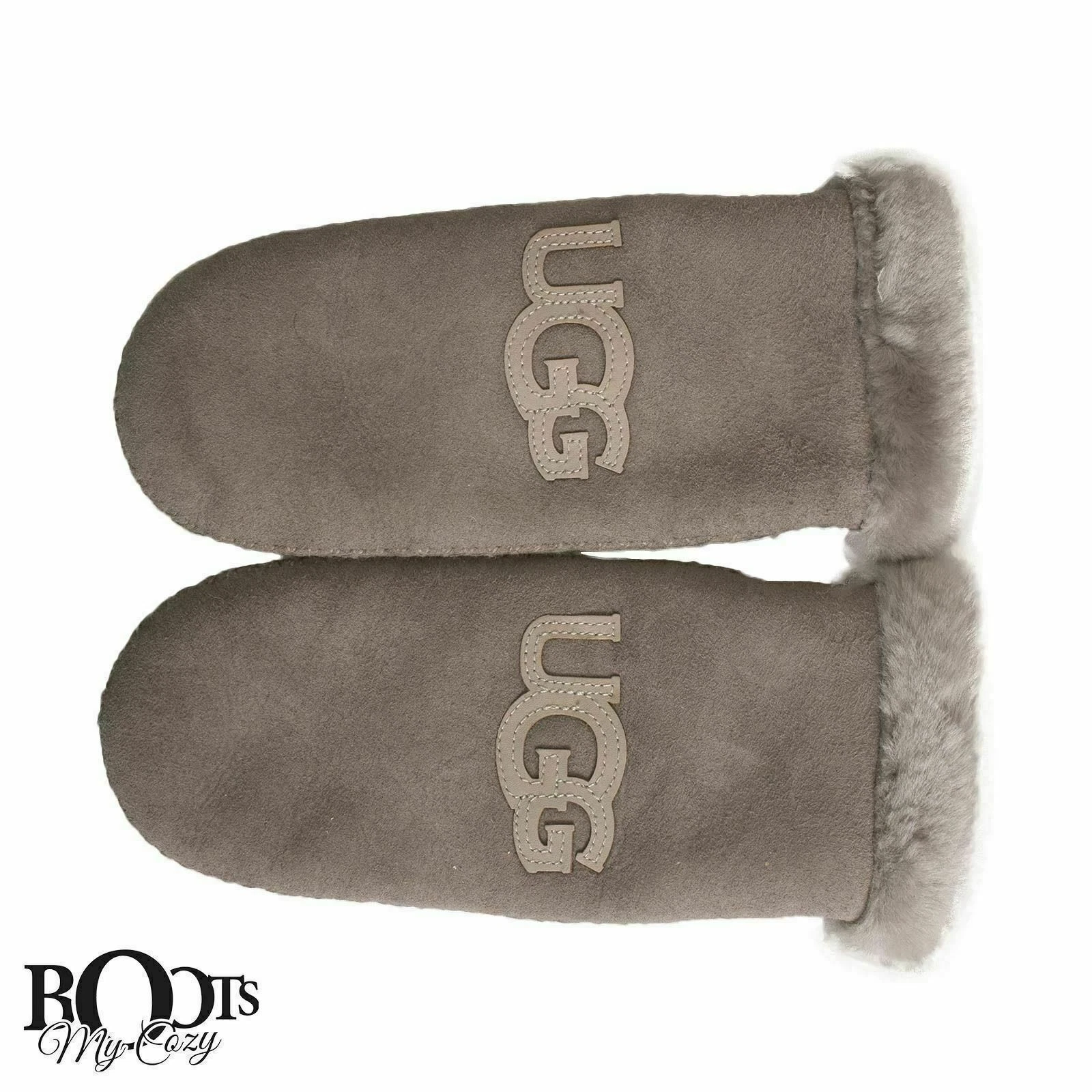 UGG AUSTRALIA LOGO SUEDE STORMY GREY SHEARLING WOMEN'S MITTENS SIZE L/XL NEW