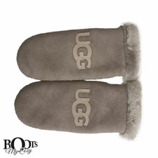 UGG AUSTRALIA LOGO SUEDE STORMY GREY SHEARLING WOMEN'S MITTENS SIZE L/XL NEW
