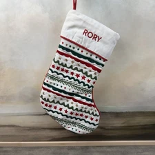 West Elm Kids Scandi Stripe Embroidered Christmas Stocking Monogram “Rory” NWOT