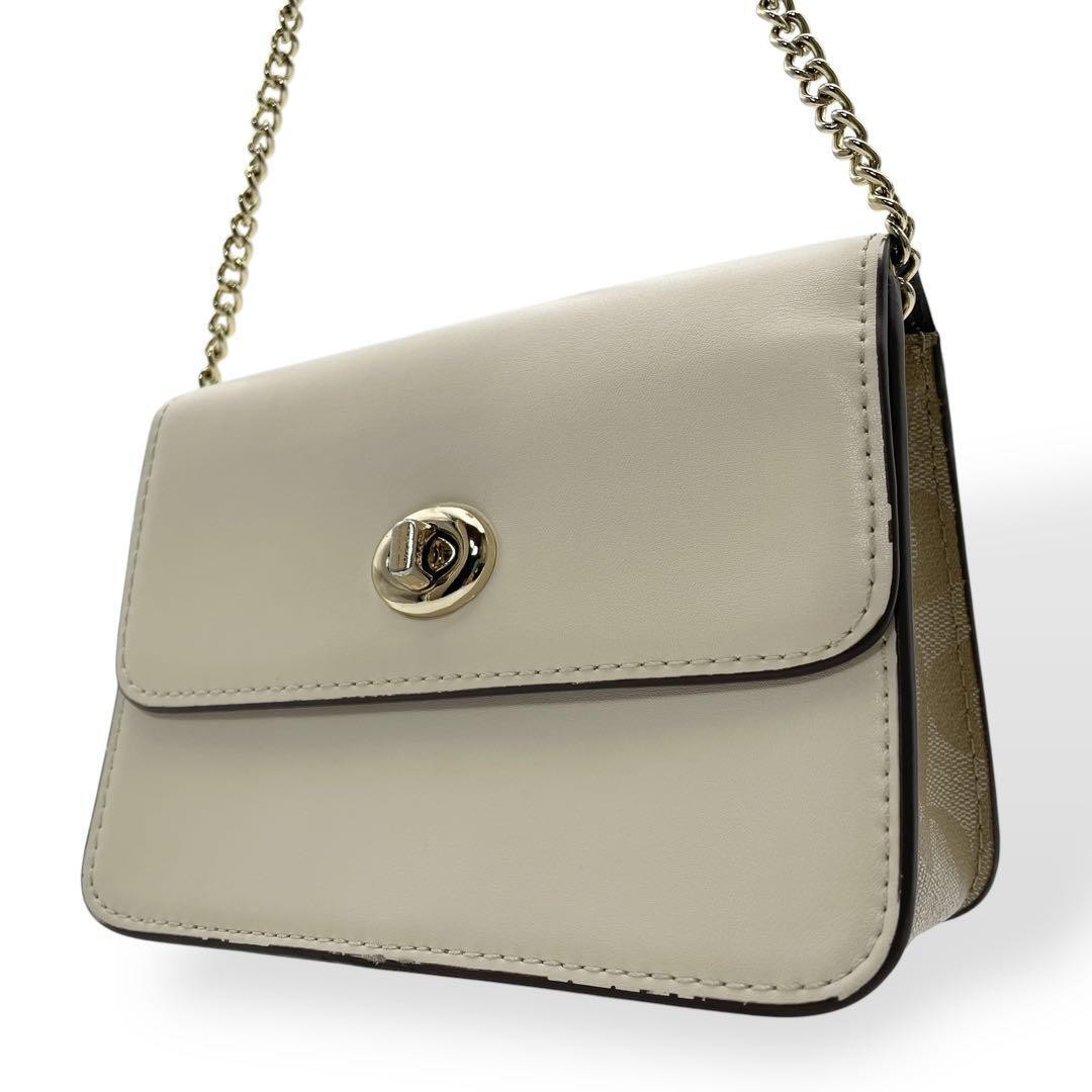 COACH Leather Canvas Shoulder Bag with Turn Lock Chain Strap