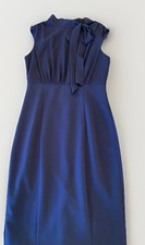 Vince Camuto Navy Blue Dress Women's 6 Tie Neck Sheath Pencil Midi Mixed Media