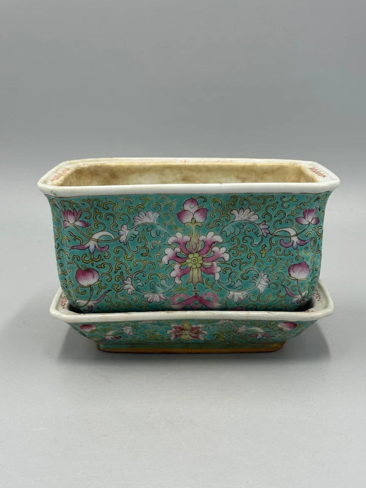 Antique 19th c Chinese Famille Rose Turquoise Porcelain Jardiniere Planter - Image 2 of 4