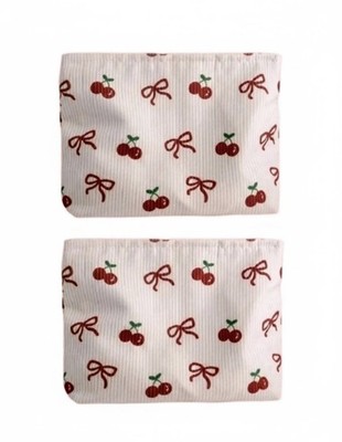 2 Pack Cherry Ribbon Corduroy Cosmetic Bag Makeup Pouch Travel Case Aesthetic 