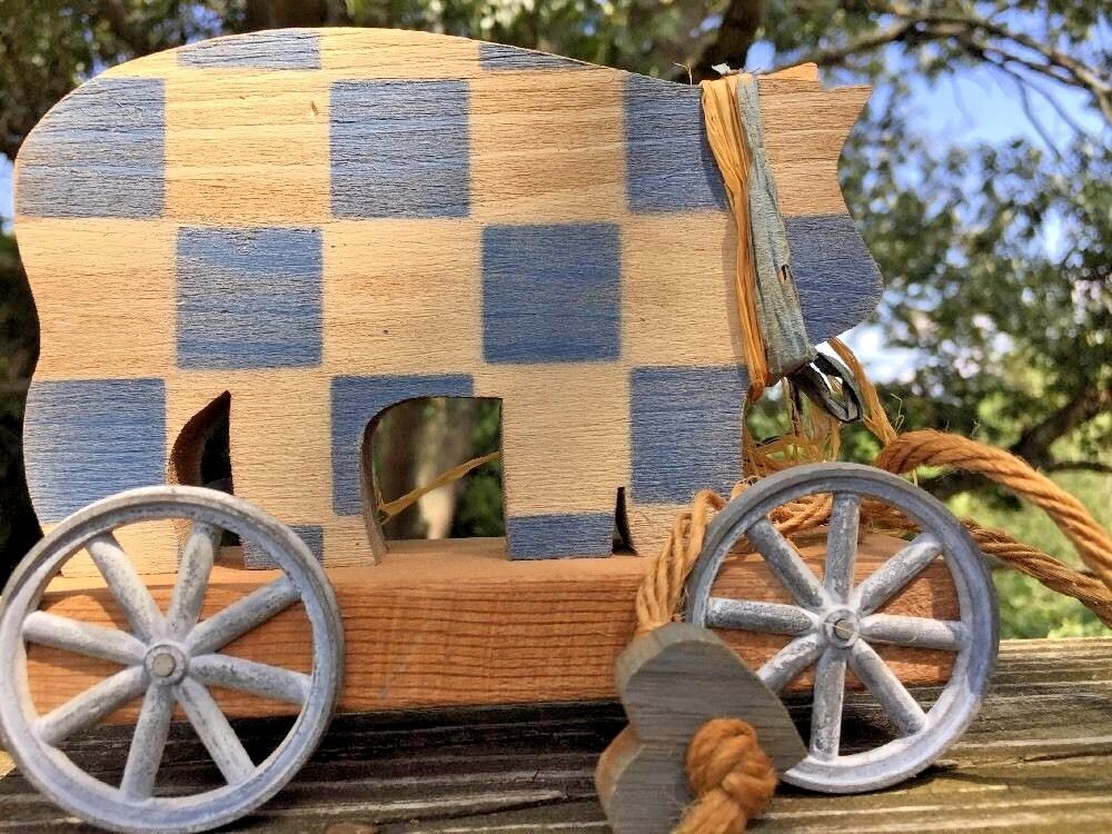 Antique Primitive CHECKERBOARD PIG Pull Toy Metal Wheel Doll Country Blue Decor