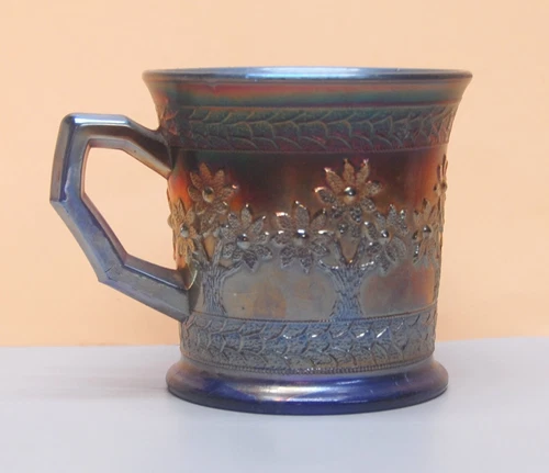 Vintage Fenton Carnival Glass Orange Tree Cobalt Blue Inside Mug 3-1/2" Tall