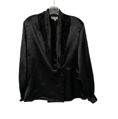 VTG Sonya Ratay San Andre Black Satin Look Dress Shirt Size 12 Lace Gorgeous