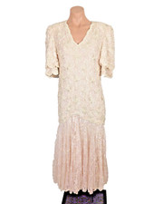 Scala Vintage Mother of the Bride Beaded Formal Lace Evening Dress Pink Peal M