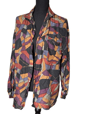 Vintage Protest Abstract Geometric Color Block Silk Shirt Long Sleeve Size Mediu
