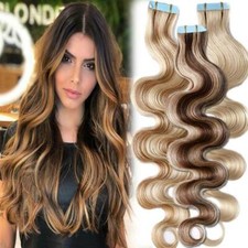 Tape In Balayage Skin Weft Remy Real Human Hair Extensions Full Head 200g WAVY