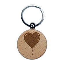 Heart Balloon Valentine's Day Engraved Wood Round Keychain Tag Charm