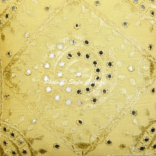 Indian Cotton Throw Pillow Cover Yellow 16 Inch Embroidered Mirror Cushion Cover - Picture 3 of 5