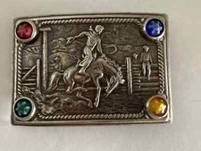 Vintage Belt Buckle Metal Jeweled Bucking Bronco Cowboy Western Rectangle 1940s 