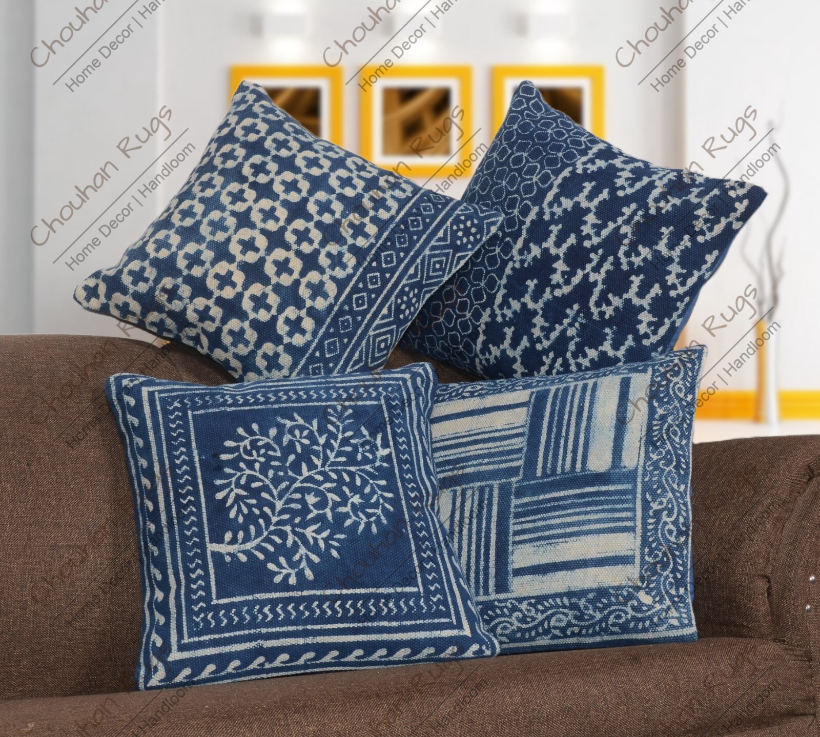 Set of 4 Eco-Friendly 18x18 Inch Handmade Cotton Block Print Pillow Covers for Stylish Home Décor