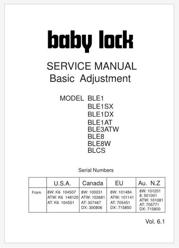 Baby Lock BLE1, BLE1SX, BLE1DX e BLE1AT Manuale di servizio su USB o stampato