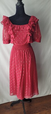Bash Paris Midi Dress Red Gold Metallic Dots Short Sleeves SZ 1/ US SMALL