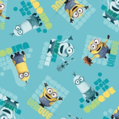 MINIONS Despicable Me Le Buddies Unique Toss Aqua Fabric By the FQ 1/4 YD