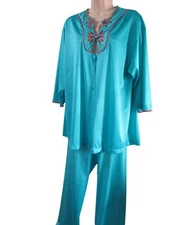 Vintage Vanity Fair Turquoise Embroidered Lounge Pajama Set M GUC
