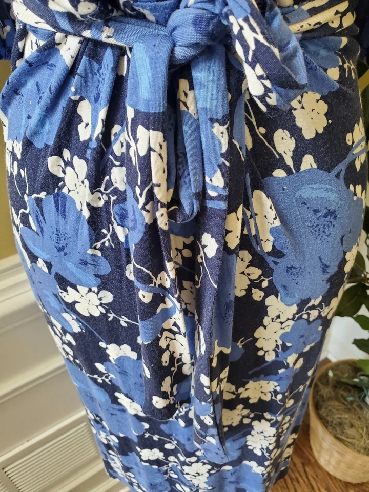 MERONA Dress M Blue Floral Stretch Faux Wrap - Image 3 of 4