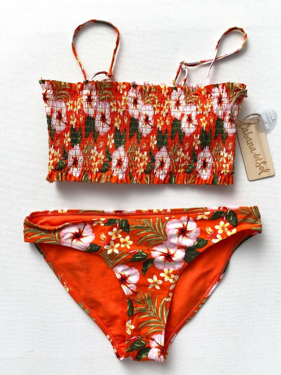 Cabana Del Sol Smocked Floral Swim Bikini Set Orange L