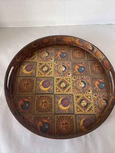 Astrological Sun Moon & Stars Serving Tray Celestial Theme Handles 13” Diameter - Picture 1 of 13