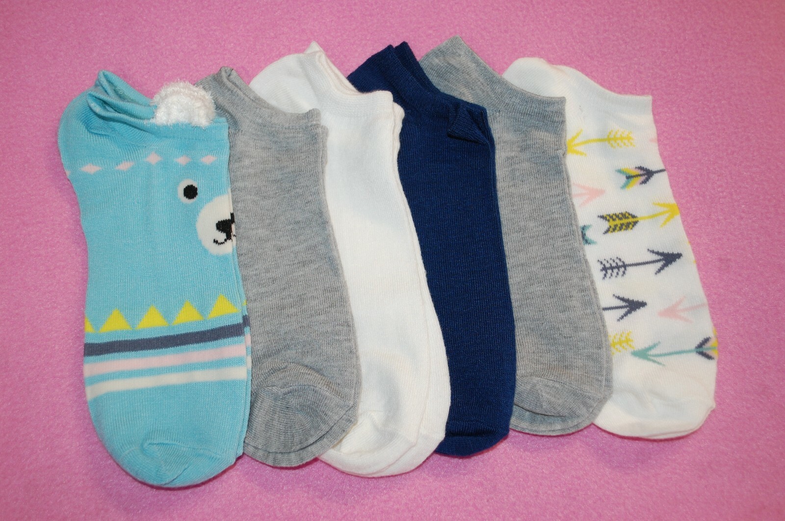 Women's No-Show Socks with Bear Ears - Gray White Navy - Size 4-10-image