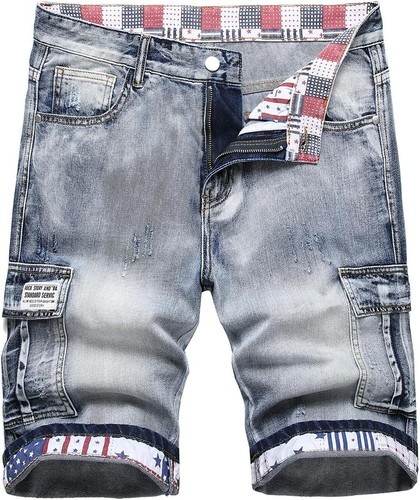 Men's Slim Fit Denim Shorts Ripped Printed Casual Summer Beach Style Jeans - Picture 26 of 30