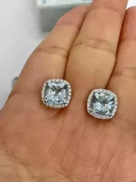 2 克拉靠垫切割实验室制作的海蓝宝石女士耳钉耳环 14K 镀白金 — 第 3/4 张图片