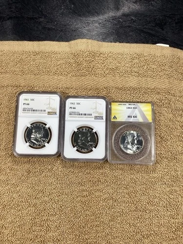 franklin half dollar lot. 1961 PF66, 1962 PF66, 1963 MS64. Free Shipping.