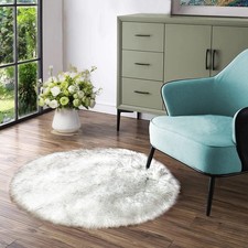 Latepis White with Grey Tips Round Rugs 5ft Washable Faux Sheepskin Fur Rug F...