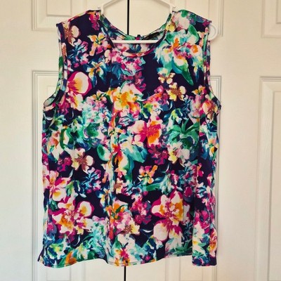 Dalia XL Navy Blue Floral Sleeveless Blouse Watercolor Print Tank Top Tropical