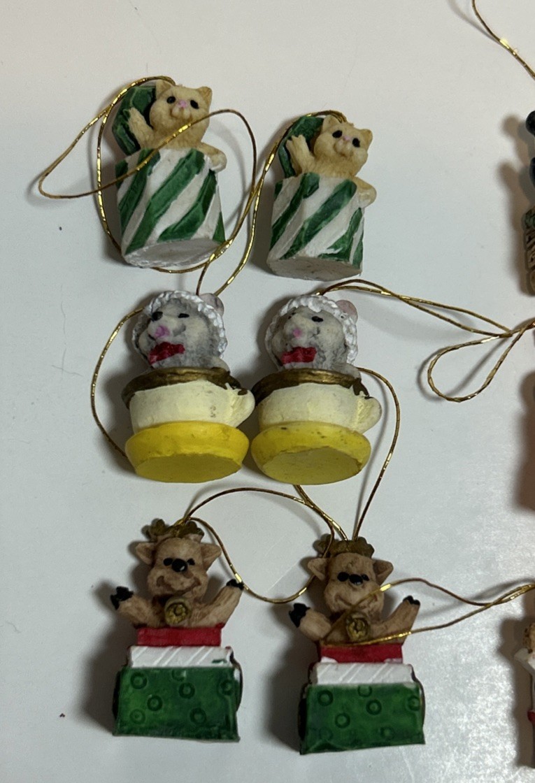 Miniature Mini Micro Critter Christmas Ornaments Resin Cat Dog Mouse Lot Of 15