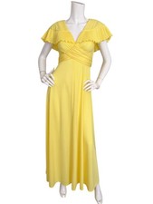 Vintage 70's Dress Yellow Pleated Flutter Cape Empire Maxi XS/S Montgomery Ward