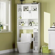 Over the Toilet Storage Cabinet with Glass Door, Adjustable Shelves Freestanding