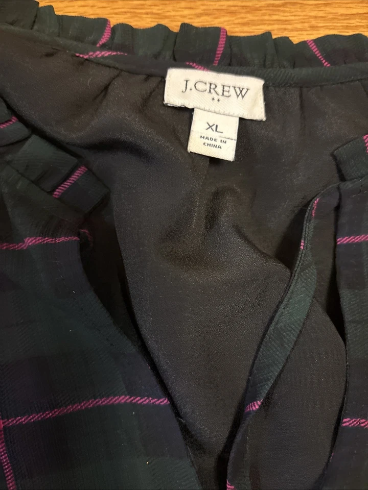 Vestido J Crew Talla XL Tartán Cuadros Verde Rosa Manga Larga Cintura Ajustada Corbata Cuello Foto 2 de 4