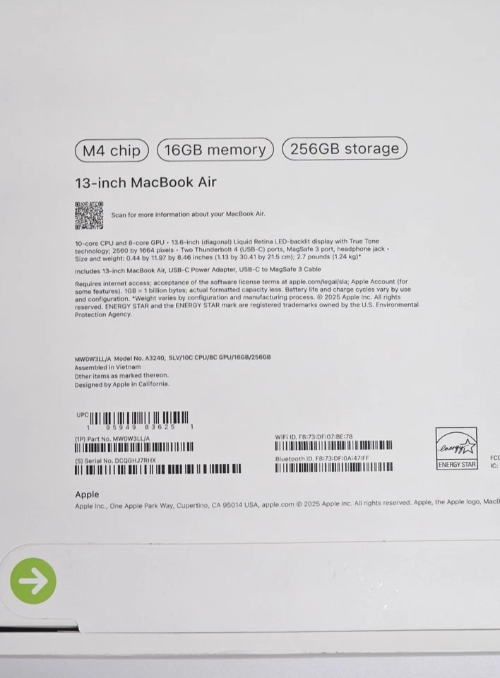 Apple Macbook Air M4 10-Core 13in 256GB SSD 16GB 8Core GPU 2025 Silver Sealed - Image 3 of 3