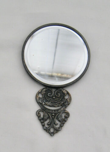 1ST ½ 20TH C. “DENMARK” SILVERPLATE OR PEWTER POCKET MIRROR REPOUSSE RUSTIC SCEN - Picture 1 of 3