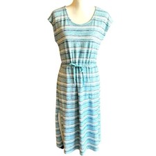 T by Talbots Dress  Women's Sz Small Blue White Stripe Drawstring Tie Waist Midi